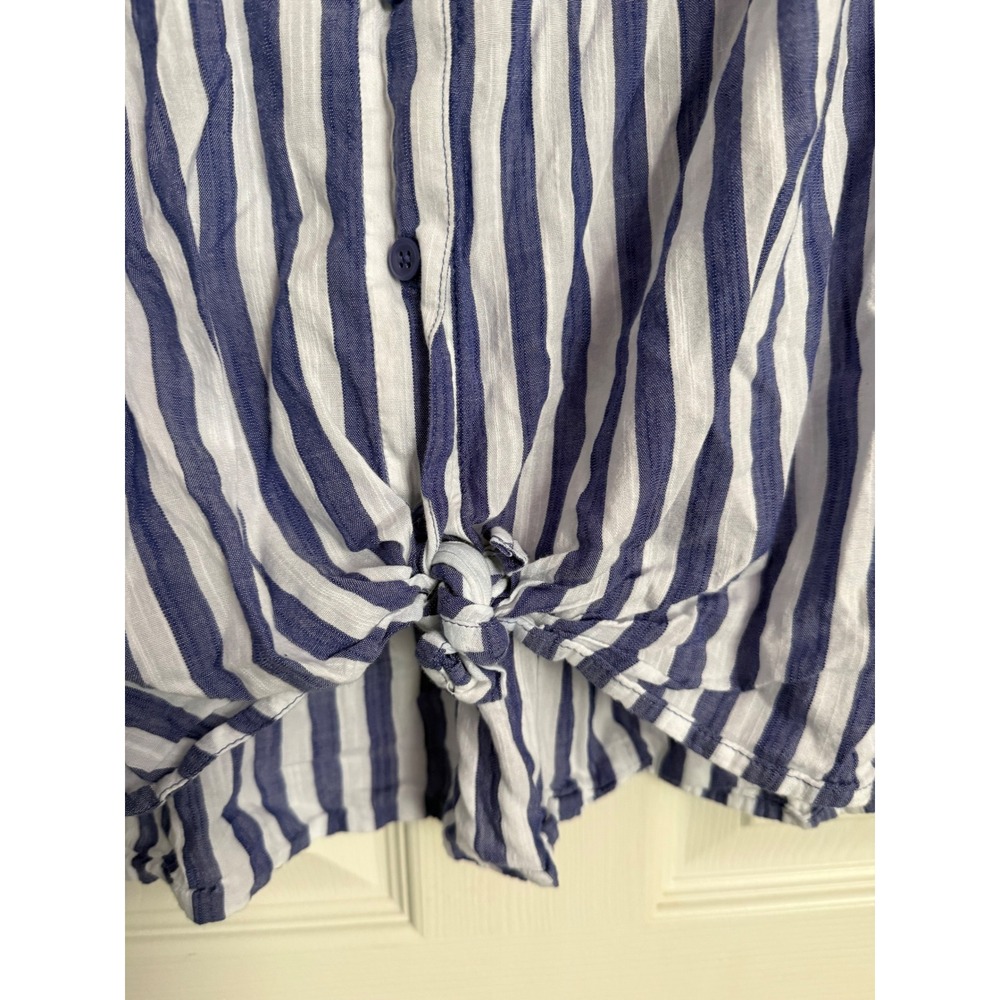 Lane Bryant Women 14 Blue White Striped Button Down Tie Front Short Sleeve Shirt - Picture 4 of 8